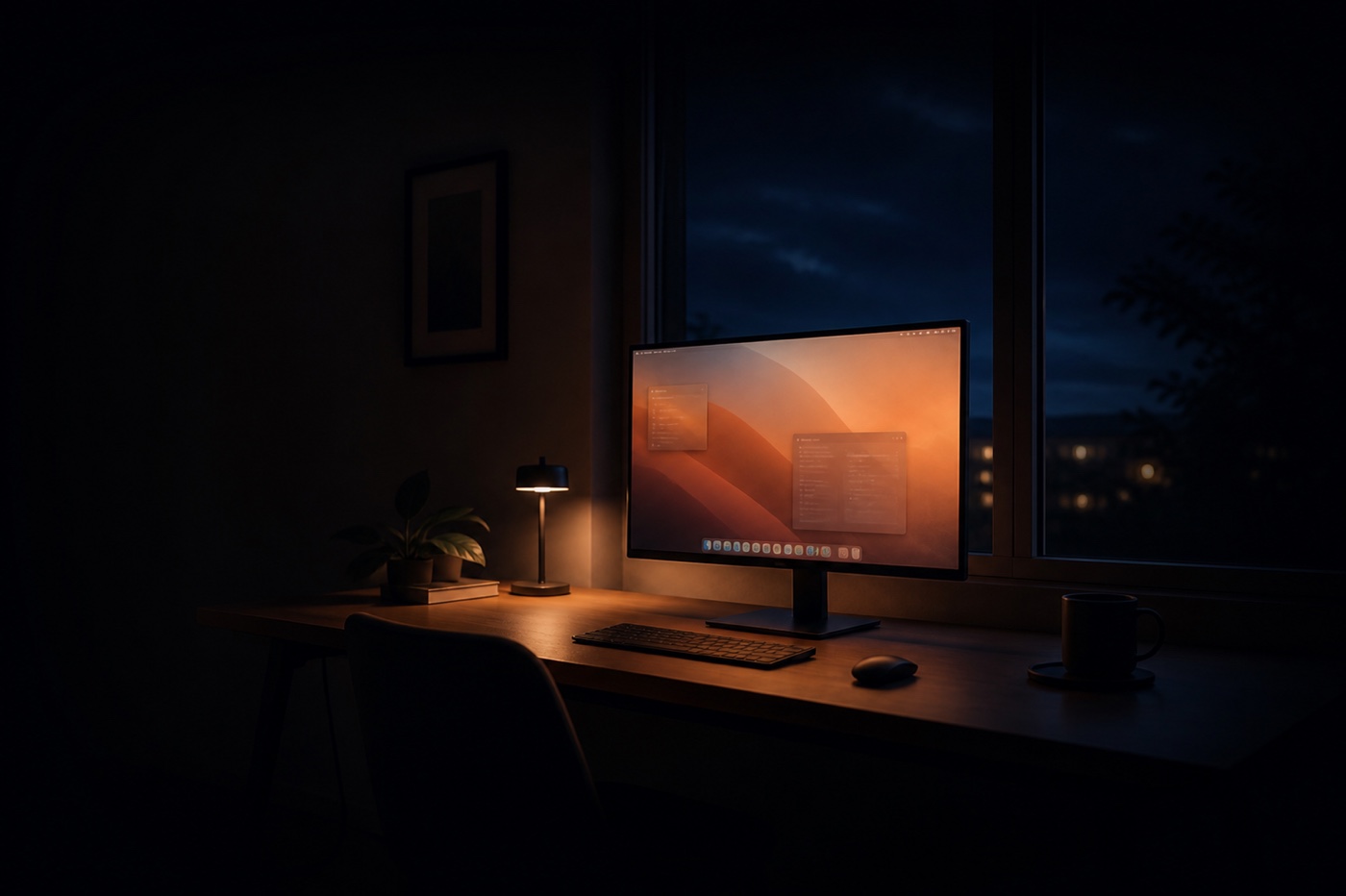 A softly lit desk in the evening